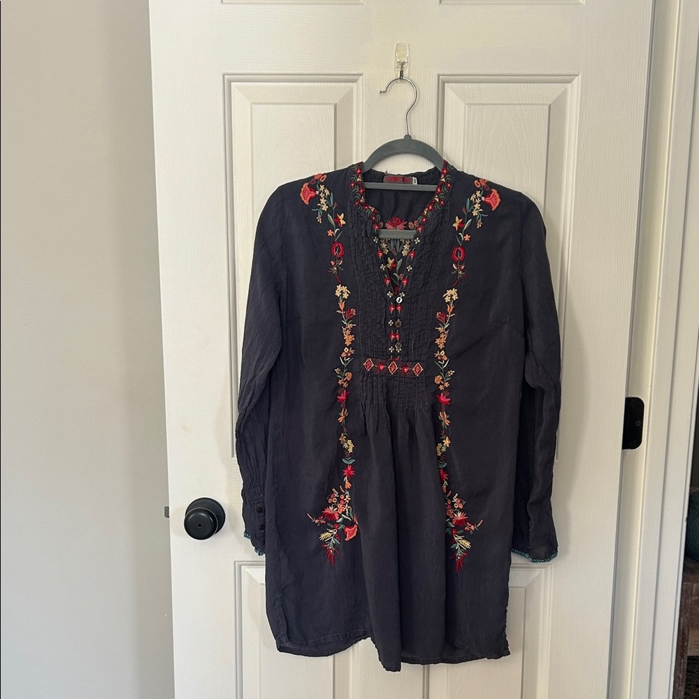 Johnny Was Charcoal Top with Vibrant Embroidery
